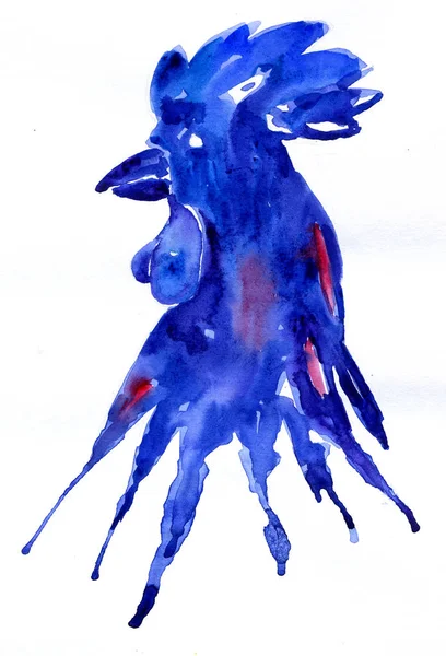 Ярко-акварельный петух синий. Ручной рисунок для вашего графического дизайна. Петух - символ Нового 2017 года — стоковое фото