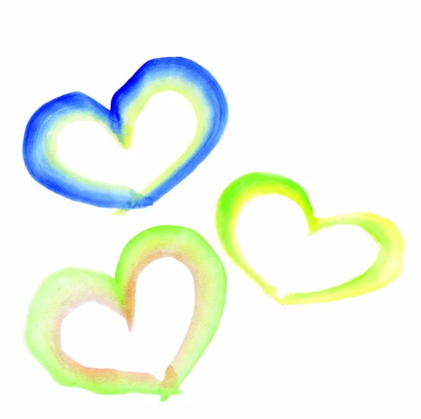 Conjunto de corazones acuarela sobre un fondo blanco. Corazones azules y verdes — Foto de Stock