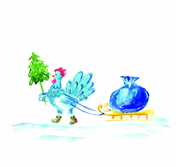 Kreslený akvarel kohout s vánoční stromek a saně. kombinacemi modrý kohout na bílém pozadí. — Stock fotografie