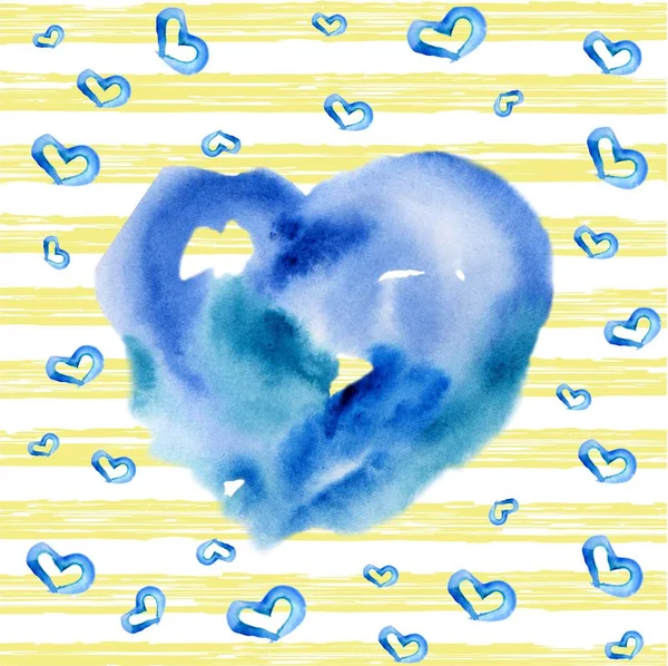 Vattenfärg blå hjärta på randig bakgrund. — Stockfoto