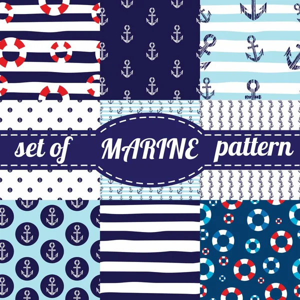 Vektör çizim. Deniz ve deniz arka plan lacivert ve beyaz renklerde kümesi. Deniz tema. Dikişsiz desen koleksiyonu.