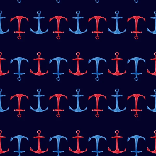 Watercolor hand drawn seamless pattern with red, blue anchors on dark blue background. Cute and simple nautical design.