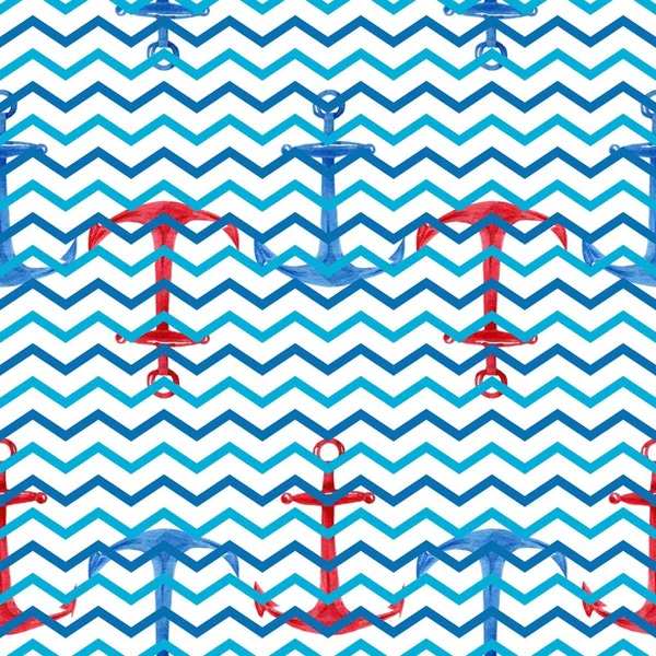 Бесшовный акварельный узор с красными и синими якорями — стоковое фото