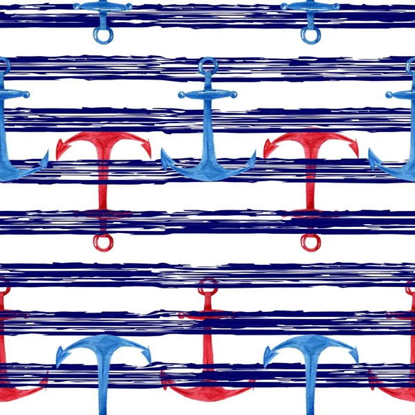 Suluboya el kırmızı ile çizilmiş seamless modeli, mavi deniz çizgili arka plan tutturur. Şirin ve basit deniz tasarım.