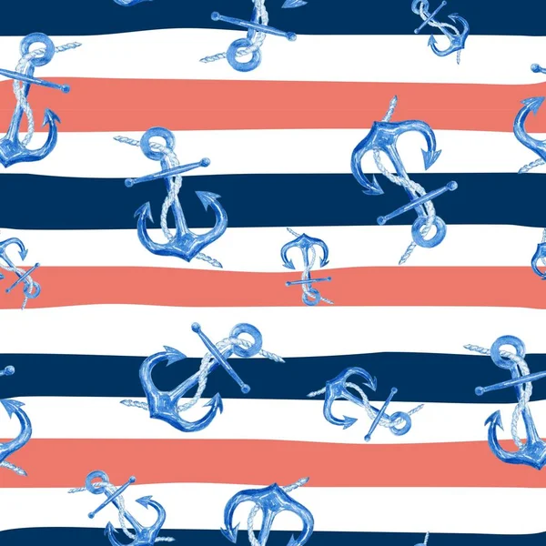 Aquarell handgezeichnetes nahtloses Muster mit Ankern auf rotem, weißem und blauem marine gestreiftem Hintergrund. niedliches und einfaches nautisches Design. — Stockfoto