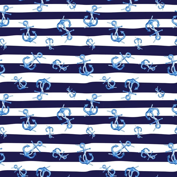 Suluboya el beyaz ve mavi deniz çizgili arka plan üzerinde çapa ile çizilmiş seamless modeli. Şirin ve basit deniz tasarım.