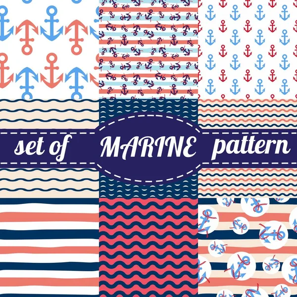 Vektör çizim. Deniz ve deniz arka plan lacivert ve beyaz renklerde kümesi. Dikişsiz desen koleksiyonu.