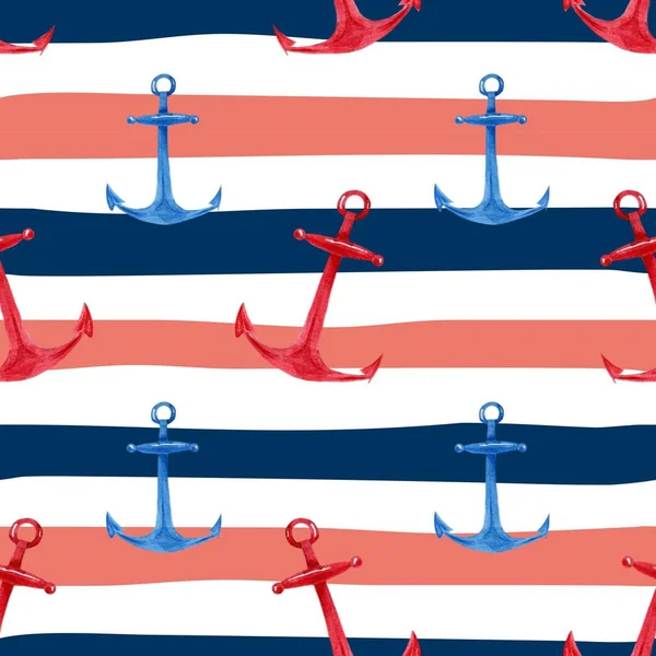 Suluboya el mavi ve kırmızı çapa kırmızı ile çizilmiş seamless modeli, beyaz ve mavi deniz arka plan çizgili. Şirin ve basit deniz tasarım.