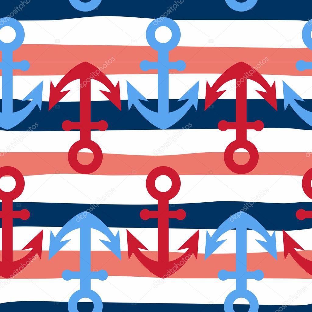 Seamless pattern with anchors on red, white and blue marine striped background. Cute and simple nautical design.