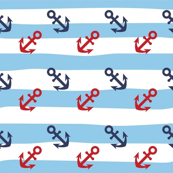Watercolor hand drawn seamless pattern with red, blue anchors marine striped background. Cute and simple nautical design. — Stock Photo, Image