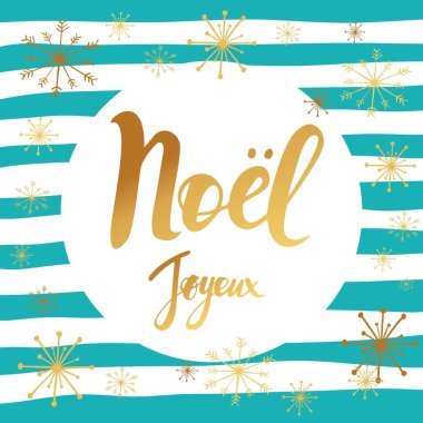 Neşeli Noel kartı tasarımı ile Fransızca selamlar. Joyeux noel ifade kar taneleri ile çizgili arka plan üzerinde