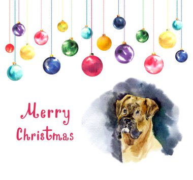 Noel ağacı topları ile yeni yıl çizim. Mutlu Noeller yazı.