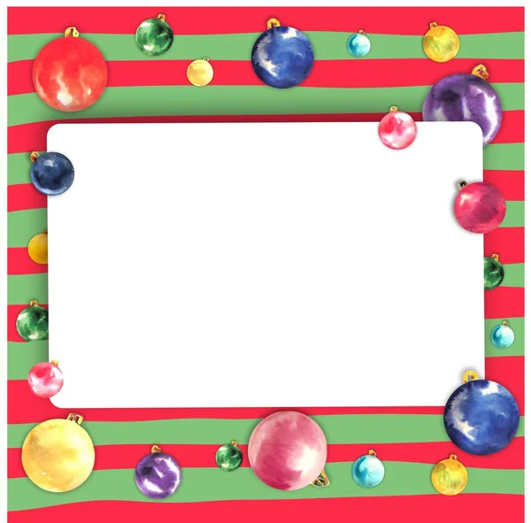 Рождественская рама с цветными воздушными шарами на полосатом фоне . — стоковое фото