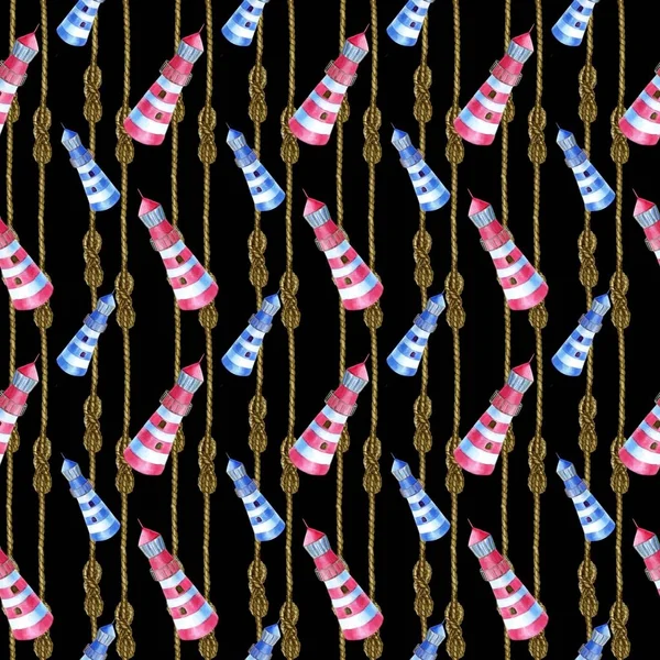 Seamless marine pattern. Blue and red beacons against the sea of nodes. Knot eight