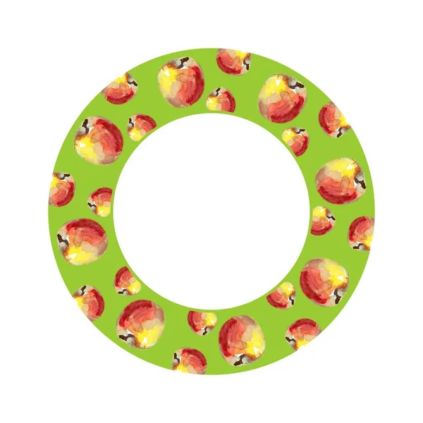 水彩水果背景。手绘的苹果插图。背景的圆形框架水果 — 图库照片