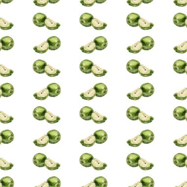 Sulu Boya Dikişsiz arka plan yeşil elma ve beyaz zemin üzerine elma dilim.