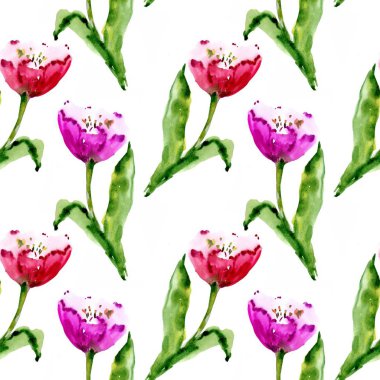 Kırmızı lale, suluboya, desen sorunsuz