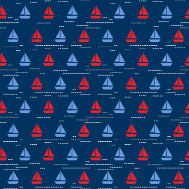 Mavi ve kırmızı ile sorunsuz vektör desen tekneler ve üzerinde koyu mavi arka plan ile çizgili.