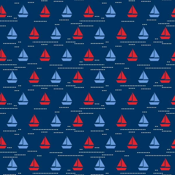 Modèle vectoriel sans couture avec des bateaux bleus et rouges et avec des rayures sur le fond bleu foncé . — Image vectorielle