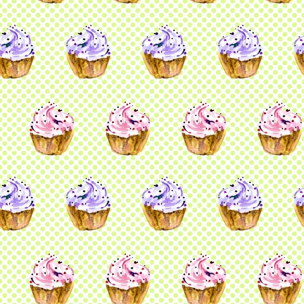 Seamless pattern with hand painted watercolor sweet cupcake. — Stock Photo, Image