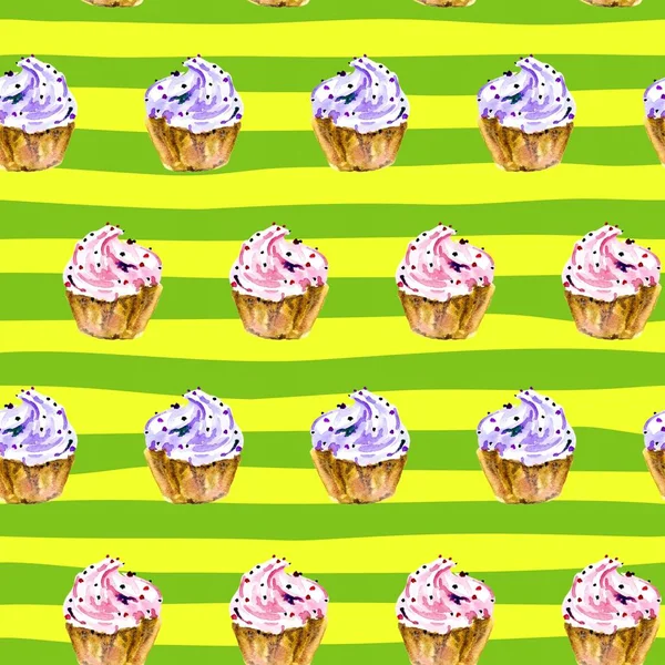 Nahtloses Muster mit handgemalten Aquarell süßen Cupcake auf gestreiftem Hintergrund. — Stockfoto