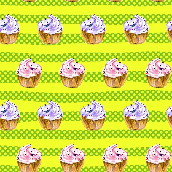 Nahtloses Muster mit handgemaltem Aquarell süßer Cupcake auf gestreiftem Hintergrund — Stockfoto