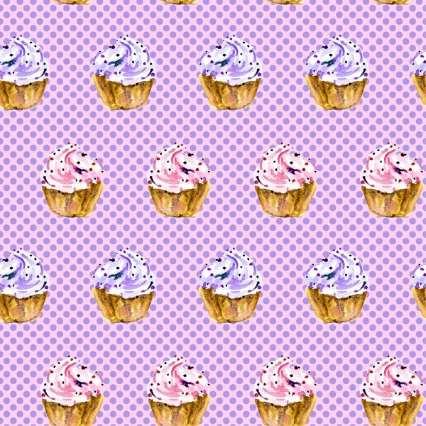 Nahtloses Muster mit handgemaltem Aquarell süßer Cupcake auf rosa Hintergrund — Stockfoto