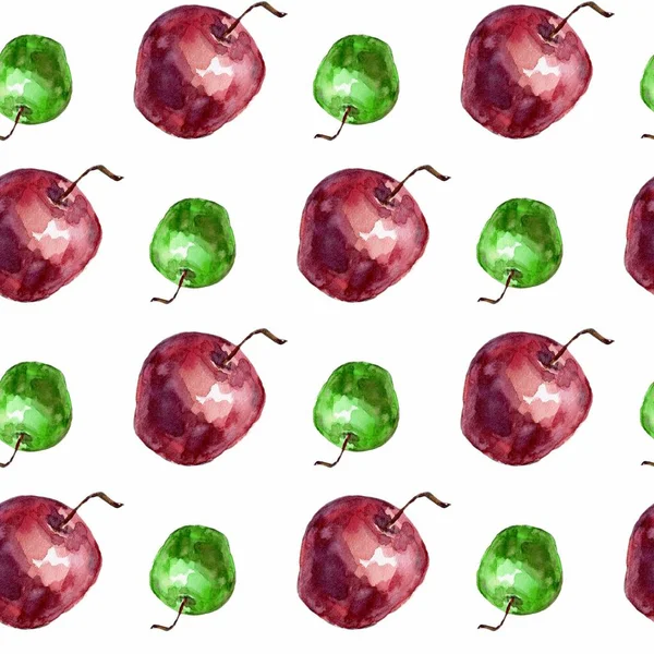 Бесшовный узор с акварелью зеленого и красного яблок на белом фоне — стоковое фото