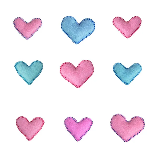 Conjunto de corazón de tela de fieltro rojo y azul, Día de San Valentín, de cerca, aislado en el blanco —  Fotos de Stock
