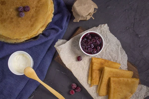 Pancakes Shrovetide Honey Jam Top View Wooden Board Russian Style — Stock Photo, Image