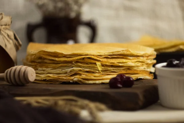 Stack Fresh Pancakes Shrovetide Jam Honey Willow Branches Wooden Board — Stock Photo, Image