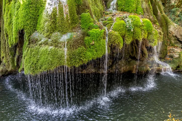Részlet Gyönyörű Bigar Vízesés Tele Zöld Moha Bozovici Krassó Szörény — Stock Fotó