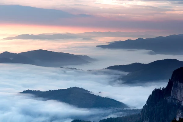 Sisli bir sabah, güzel dağ manzarası Ceahlau massif, Doğu Karpatlar, Moldova, Romanya