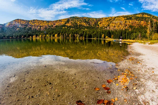 Hermoso Paisaje Otoñal Con Árboles Dorados Color Cobre Lago Sfanta — Foto de Stock