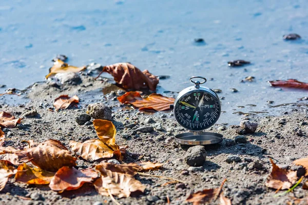 Paysage Conceptuel Avec Une Boussole Métallique Près Eau Des Feuilles — Photo