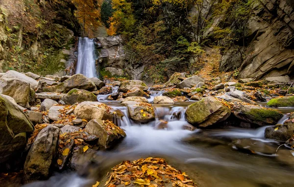 Long Exposure View Beautiful Prunceacaoca Waterfall Fallen Leaves Autumn Landscape — стоковое фото