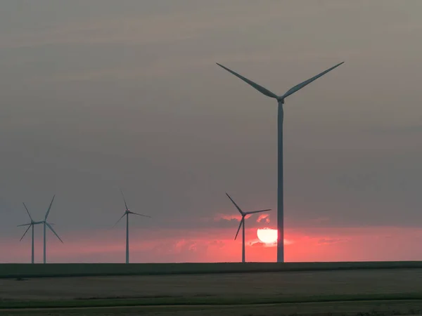 Silhouetten Von Windkraftanlagen Der Untergehenden Sonne Dobrogea Rumänien — Stockfoto