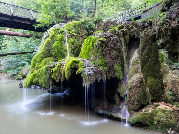 Unic Beautiful Bigar Waterfall Tele Zöld Mohával Bozovici Caras Severin — Stock Fotó