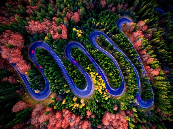 Beautiful Aerial View Curvy Winding Road Serpentine Colorful Autumn Trees — Stock Photo, Image