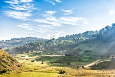 Romanya 'nın Hunedoara İlçesi, Fundatura Ponorului, Hunedoara İlçesi, eski evler ve saman yığınlarıyla sabah vakti güzel kırsal alanlar