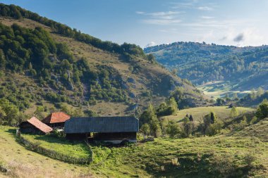 Romanya 'nın Hunedoara İlçesi, Fundatura Ponorului, Hunedoara İlçesi, eski evler ve saman yığınlarıyla sabah vakti güzel kırsal alanlar