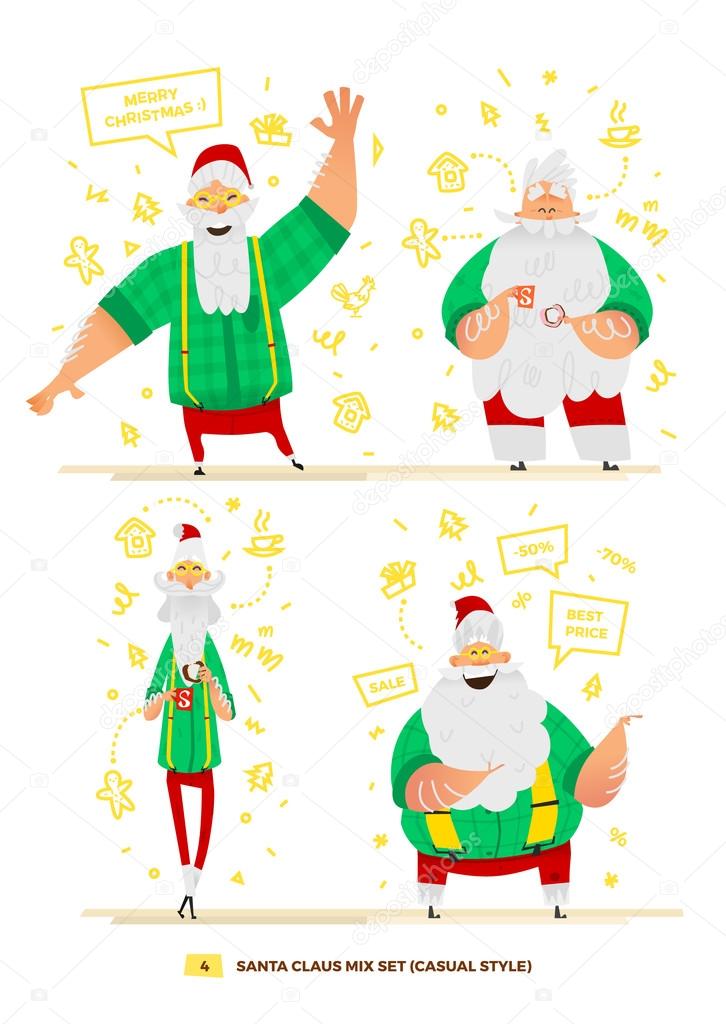 set of santa clauses in casual style