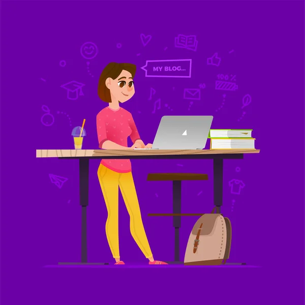 Cartoon donna d'affari che lavora sul computer portatile — Vettoriale Stock