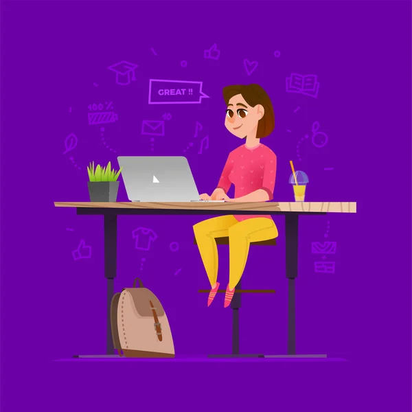 Femme d'affaires de bande dessinée travaillant sur ordinateur portable — Image vectorielle