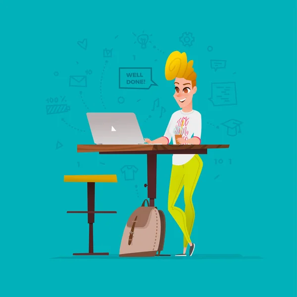 Empresária dos desenhos animados trabalhando no laptop —  Vetores de Stock