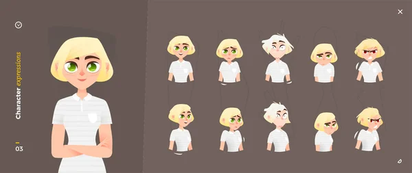 Cartoon Woman Character Expressions (em inglês). Face Emocional e Gesto Corporal —  Vetores de Stock