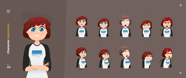 Cartoon Woman Personaggio Espressioni. Gesto del viso emotivo e del corpo — Vettoriale Stock