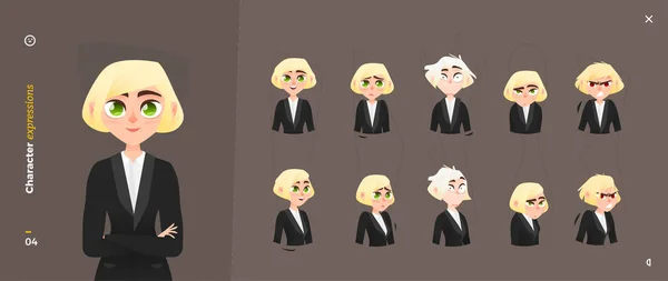 Cartoon Woman Character Expressions. Face Emotional and Body Gesture — 스톡 벡터