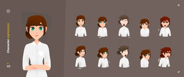 Cartoon Woman Character Expressions (en inglés). Rostro Gesto Emocional y Corporal — Archivo Imágenes Vectoriales