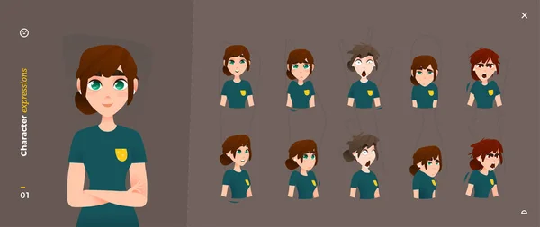 Cartoon Woman Character Expressions. Face Emotional and Body Gesture — 스톡 벡터